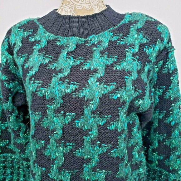 Vtg Liz Claiborne Collection Hand Knit Wool Blend Sweater Green Black Sz Small - Picture 3 of 10
